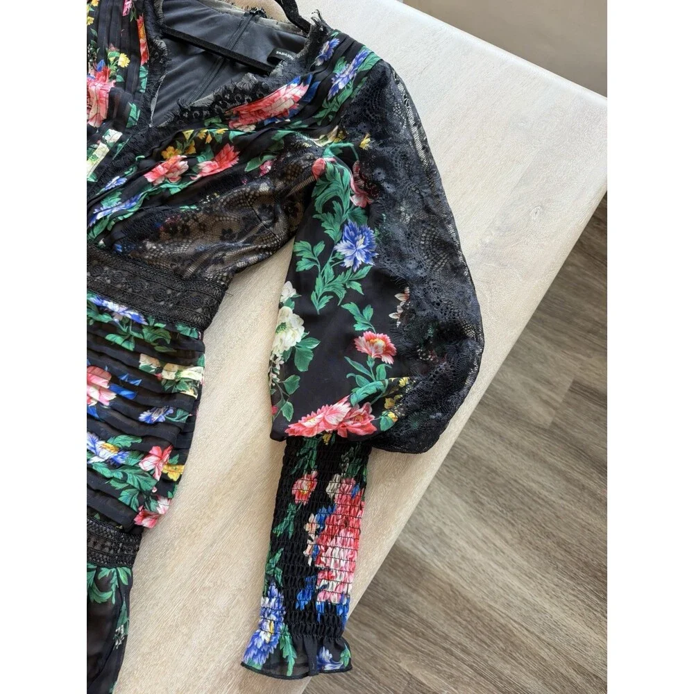 TADASHI SHOJI Lorely Floral Maxi Gown Balloon Sleeves V Neck Lace Black Size 8 - Picture 9 of 11